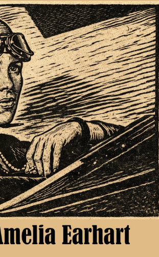 Linocut-type image of Amelia Earhart for Corridos America 250