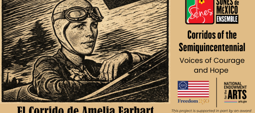 Linocut-type image of Amelia Earhart for Corridos America 250