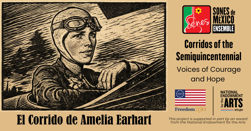 Linocut-type image of Amelia Earhart for Corridos America 250