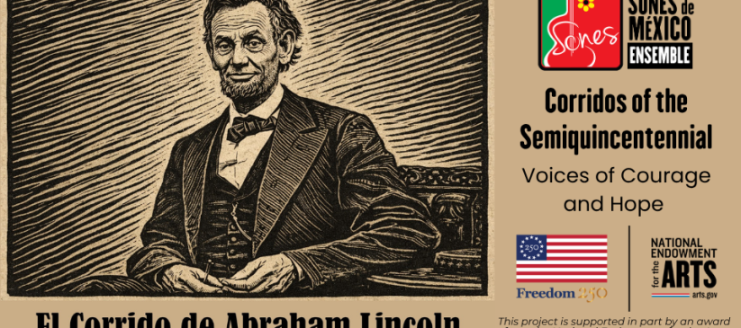 Linocut-type image of Abraham Lincoln for Corridos America 250