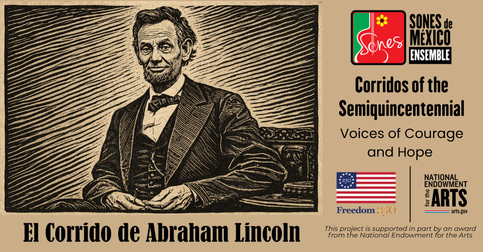 Linocut-type image of Abraham Lincoln for Corridos America 250