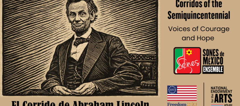 Linocut-type image of Abraham Lincoln for Corridos America 250