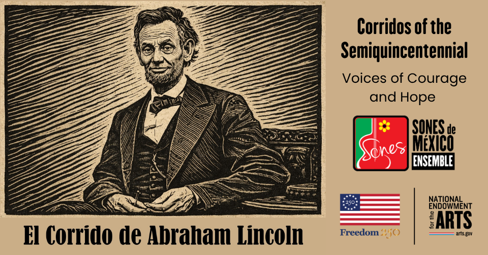 Linocut-type image of Abraham Lincoln for Corridos America 250