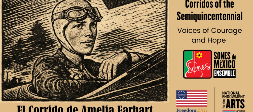 Linocut-type image of Amelia Earhart for Corridos America 250