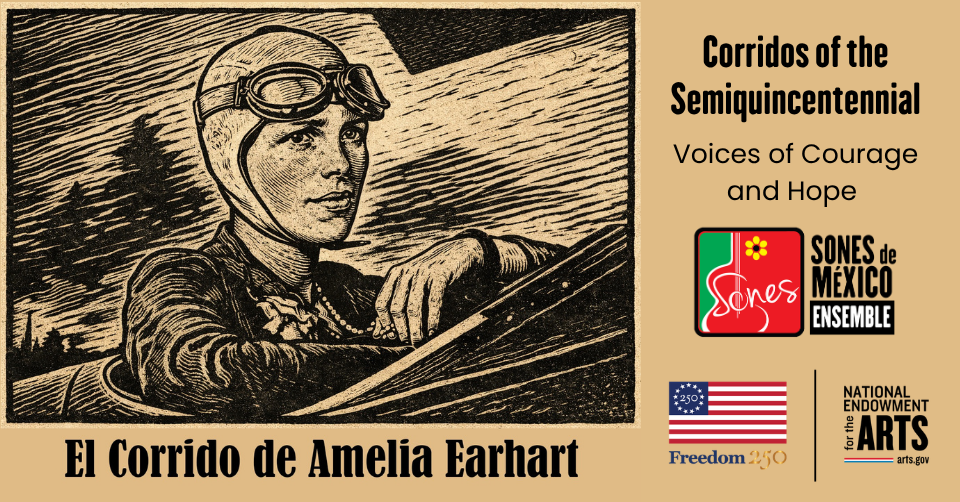Linocut-type image of Amelia Earhart for Corridos America 250