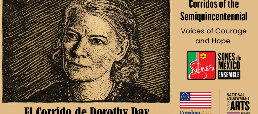 Linocut-type image of Dorothy Day for Corridos America 250