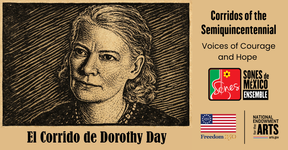 Linocut-type image of Dorothy Day for Corridos America 250