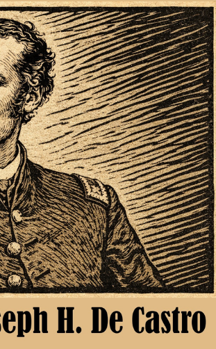 Linocut-type image of Joseph H. De Castro for Corridos America 250