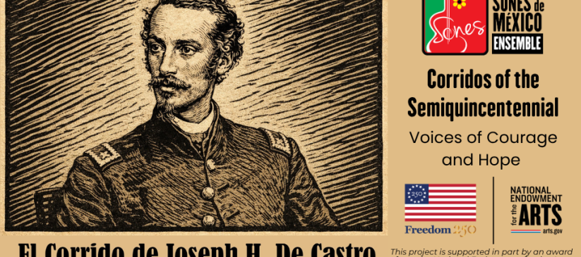 Linocut-type image of Joseph H. De Castro for Corridos America 250