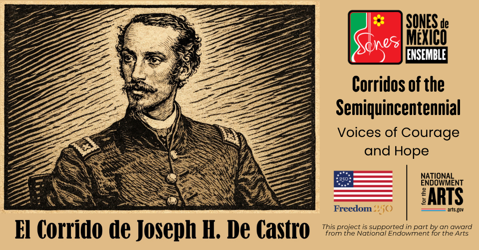 Linocut-type image of Joseph H. De Castro for Corridos America 250