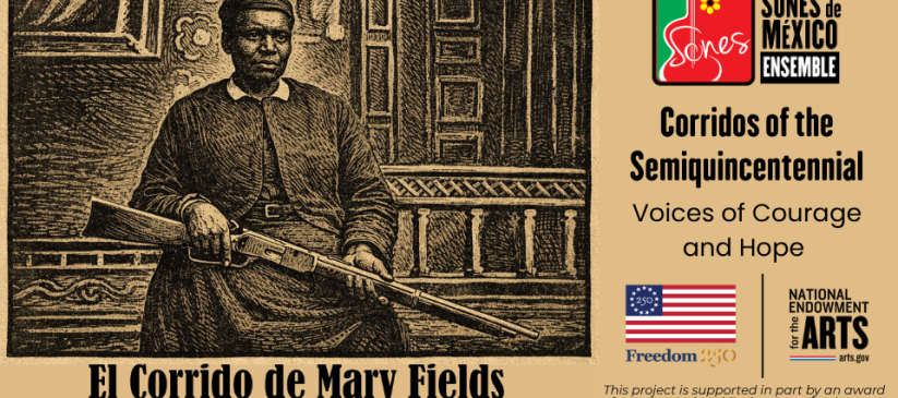 Linocut-type image of Mary Fields for Corridos America 250