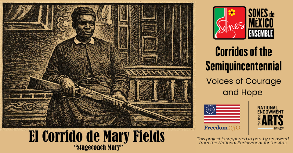 Linocut-type image of Mary Fields for Corridos America 250