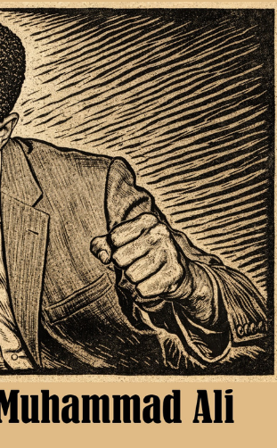 Linocut-type image of Muhammad Ali for Corridos America 250