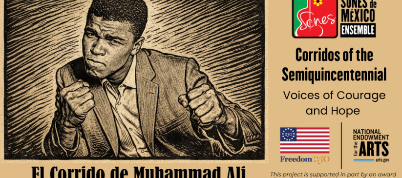 Linocut-type image of Muhammad Ali for Corridos America 250