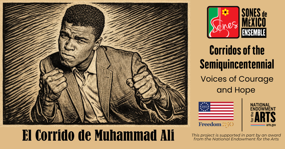 Linocut-type image of Muhammad Ali for Corridos America 250