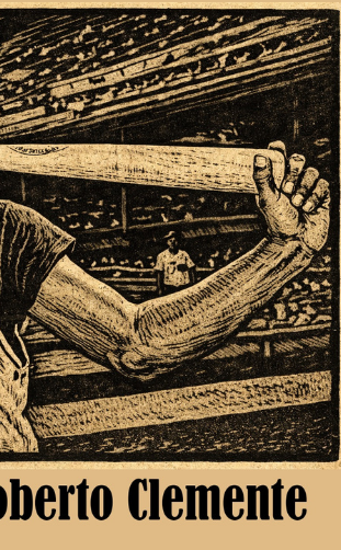 Linocut-type image of Roberto Clemente for Corridos America 250