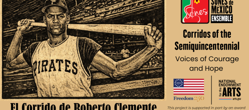 Linocut-type image of Roberto Clemente for Corridos America 250