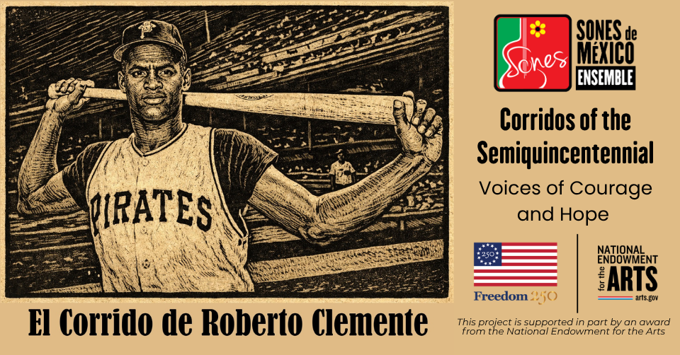Linocut-type image of Roberto Clemente for Corridos America 250