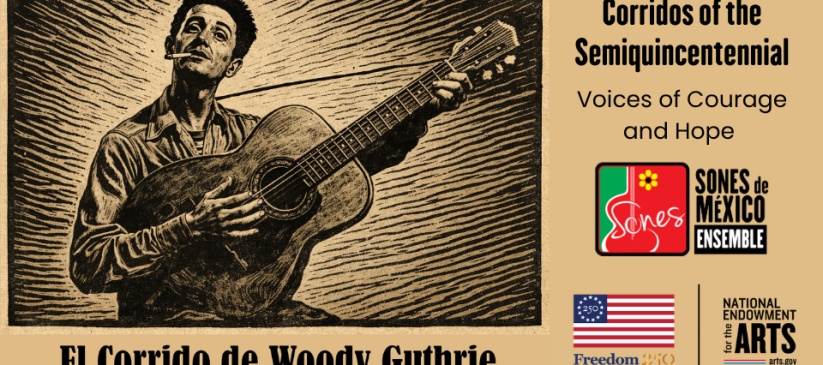Linocut-type image of Woody Guthrie for Corridos America 250