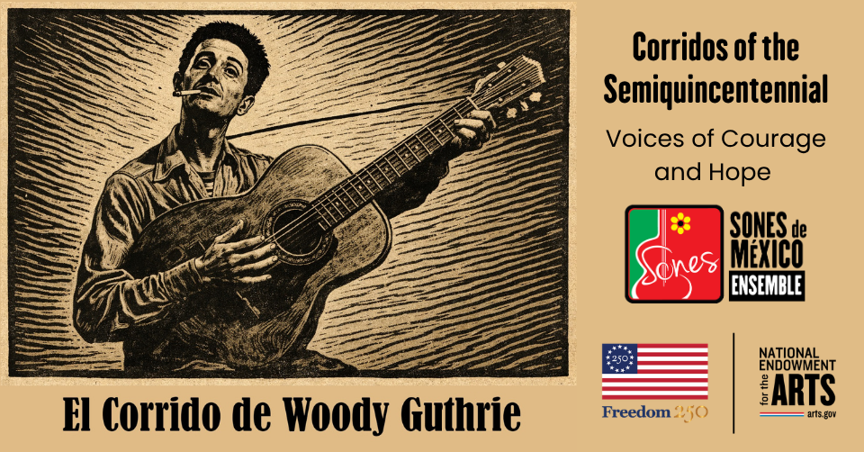 Linocut-type image of Woody Guthrie for Corridos America 250