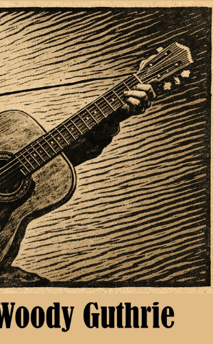 Linocut-type image of Woody Guthrie for Corridos America 250