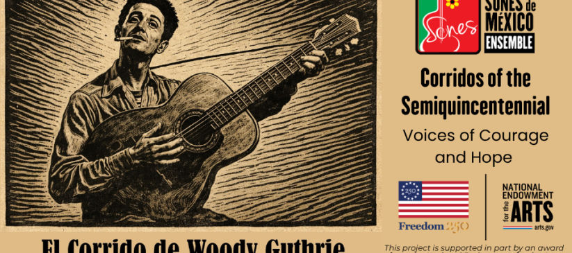Linocut-type image of Woody Guthrie for Corridos America 250