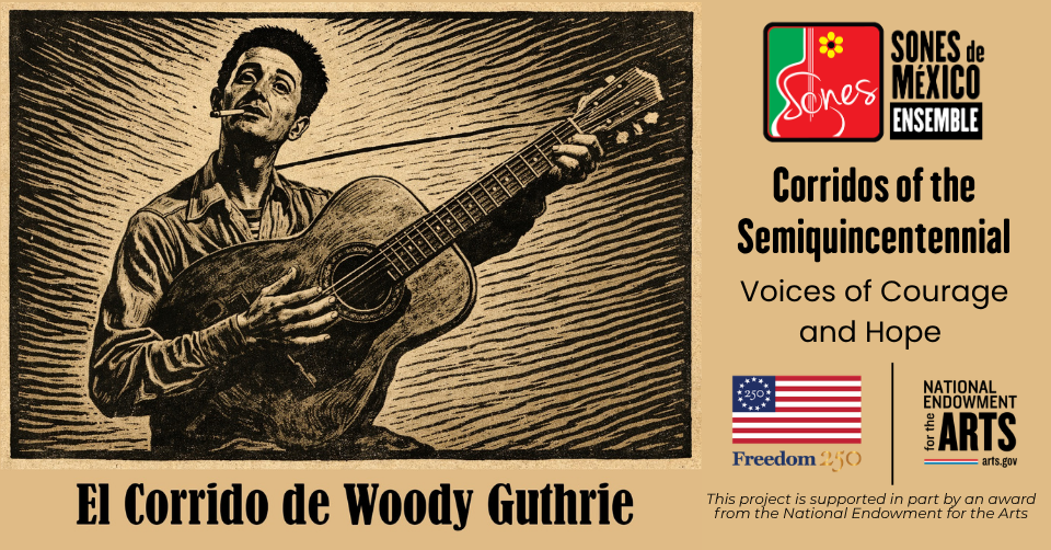 Linocut-type image of Woody Guthrie for Corridos America 250