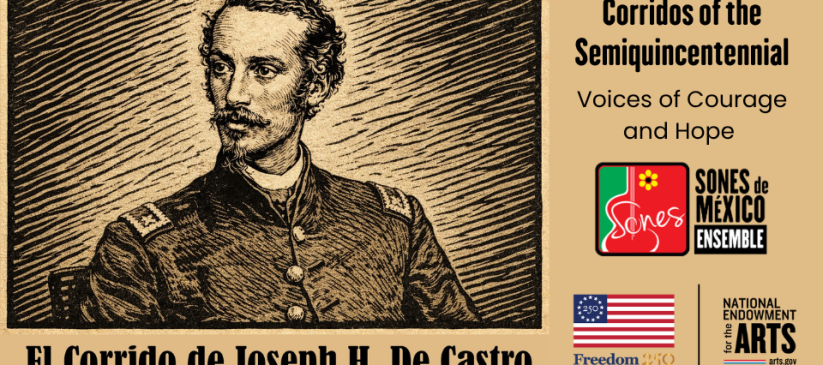 Linocut-type image of Joseph H. De Castro for Corridos America 250