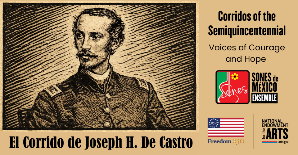 Linocut-type image of Joseph H. De Castro for Corridos America 250